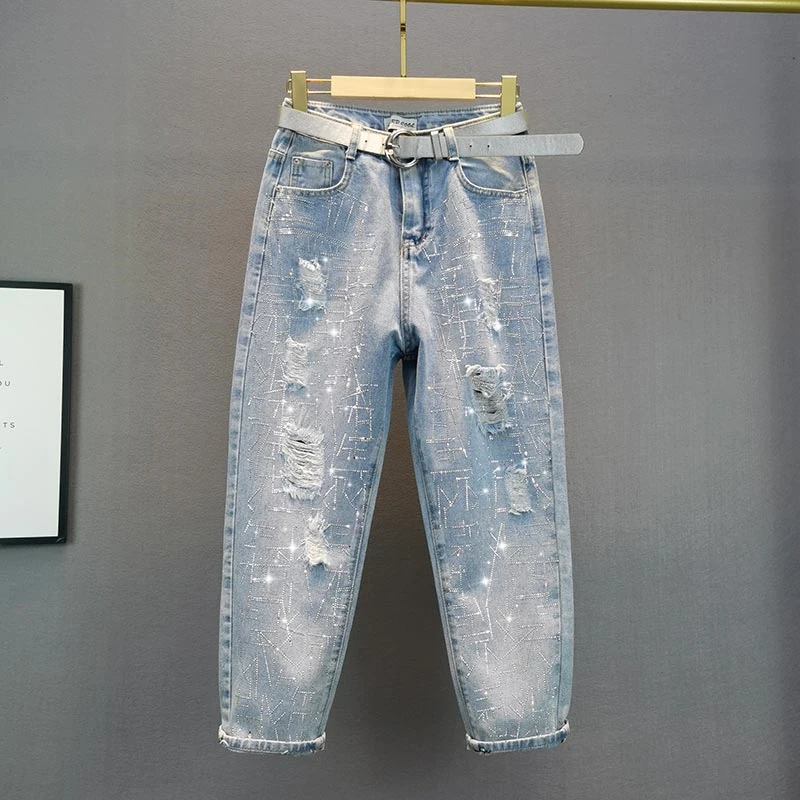 

Rhinestone Ripped Jeans for Women 2021 Spring/Summer New High Waist Loose Cropped Straight Pants Girls Students Hole Denim Jean