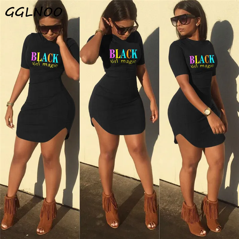 

GGLNOO New Summer Women Fashion S-5XL Plus Size Black-Girl-Magic Print O-Neck Slim Mid-Calf Dress Sexy Bodycon Maxi Dresses