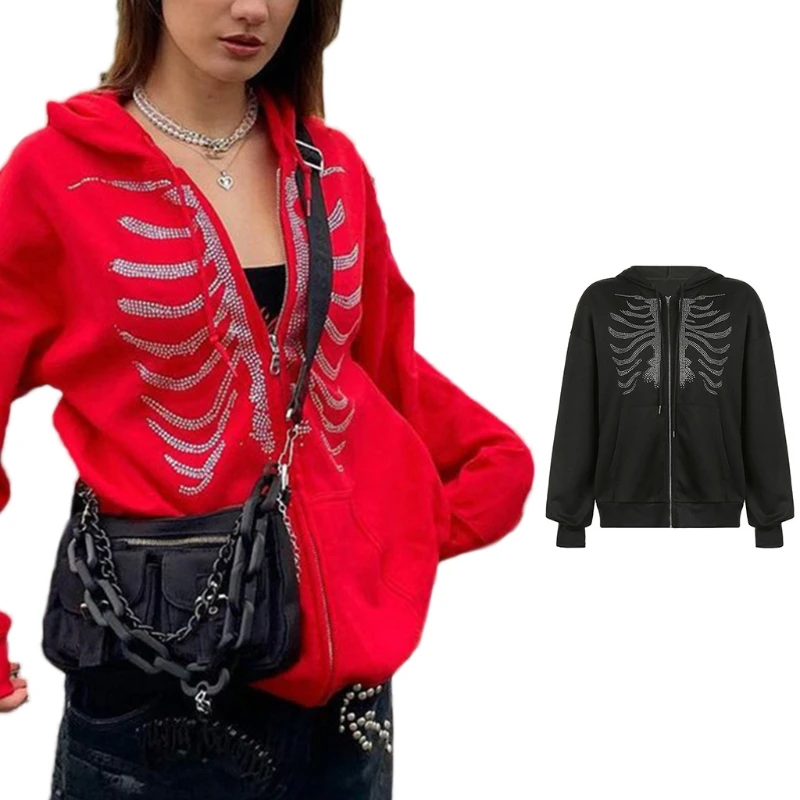 

Women Goth Punk Zip Up Hoodies Jacket Rhinestone Breastbone Print Long Sleeve Sweatshirt Coat Oversized Loose Pocket Top