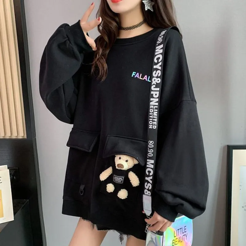 

Autumn Spring bLACK Students Hoodies Autumn Women Holiday Cute Loose Sweatshirts Lovely Bear Orange High Street Hoodie Tops