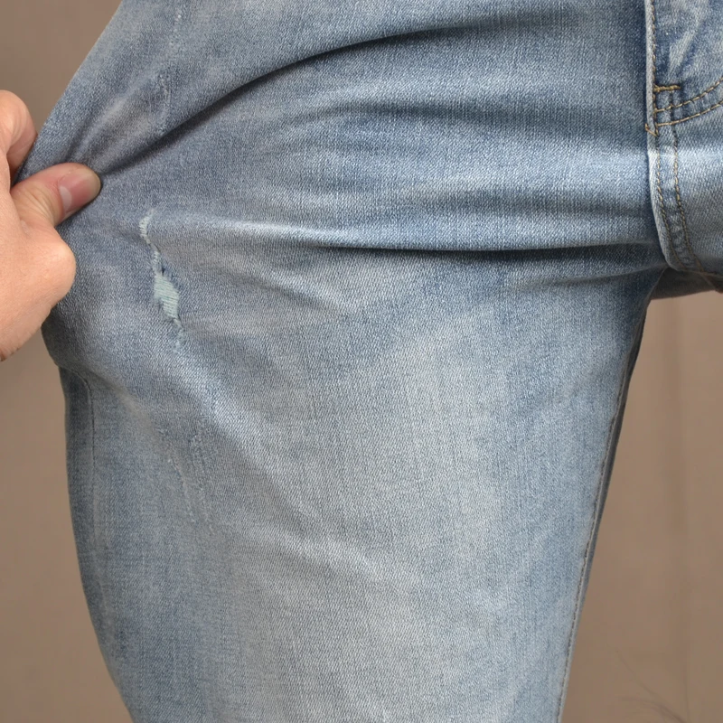 Men's Light Blue Stretch Ripped Jeans Summer New Fashion Regular Fit Pencil Pants