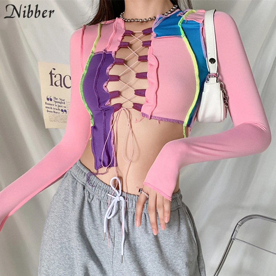 

Sexy Sweet Bandage Hollow Out Crop Tops For Women 2020 Autumn Winter T-Shirts Ribbed knitting Casual Club Wear Tee Female