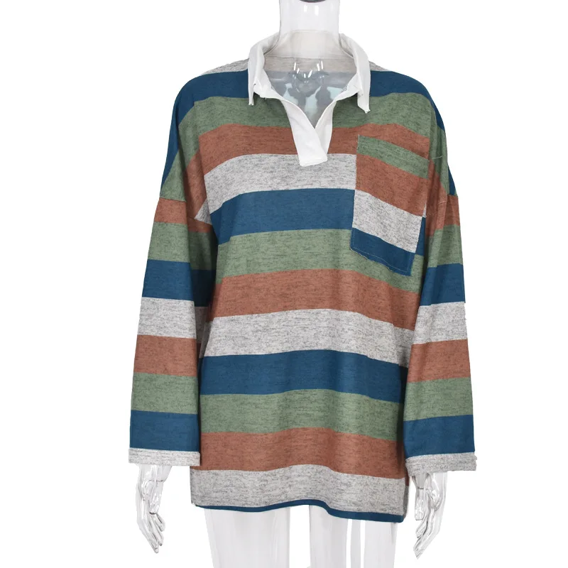 

Women's Sweatshirt New Casual Striped Contrast Fleece Pullover Long Sleeve Large Size Top