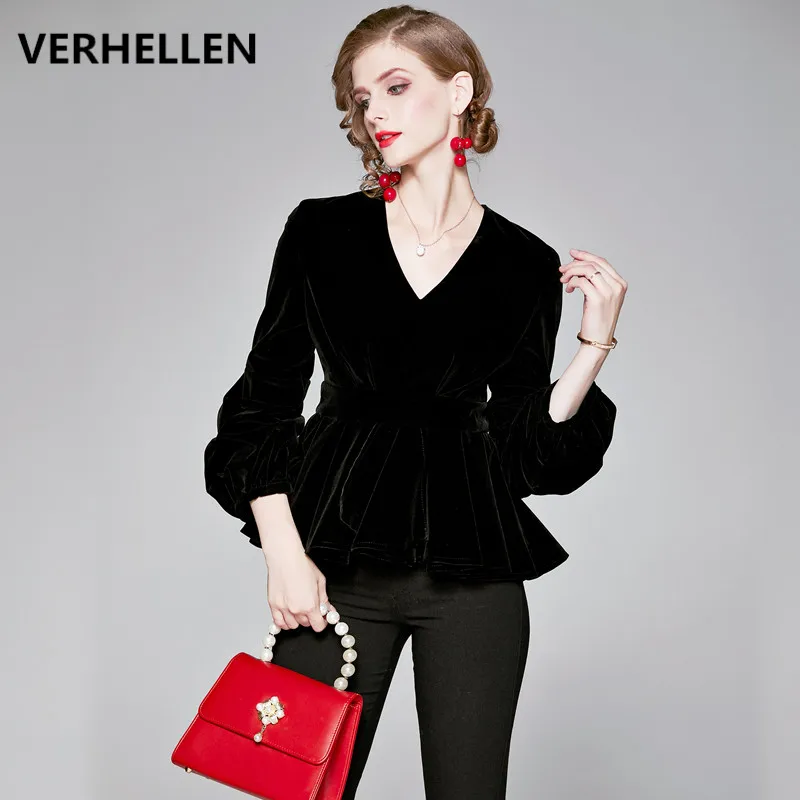 Женская бархатная рубашка VERHELLEN черная винтажная с рукавами фонариками