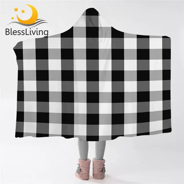 BlessLiving Tartan Hooded Blanket for Adults Scottish Pattern Microfiber Blanket Chequered Wearable Blanket Black White Mantas 1