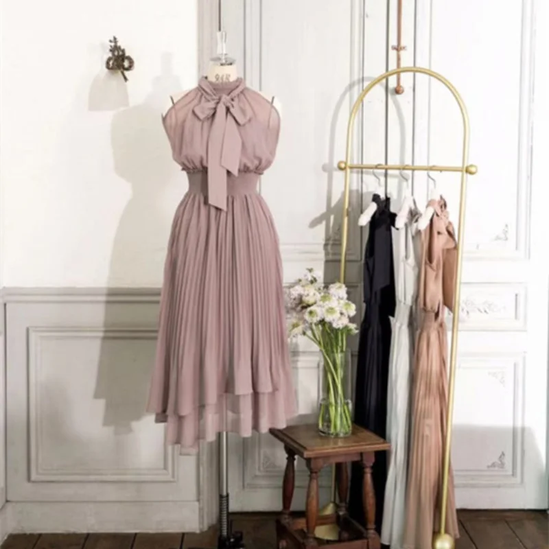 

Japanese Elegant Slim Waist Sleeveless Sweet Dress Women Simple Summer 2021 New A Line Vestidos Smooth Soft Robe Femme