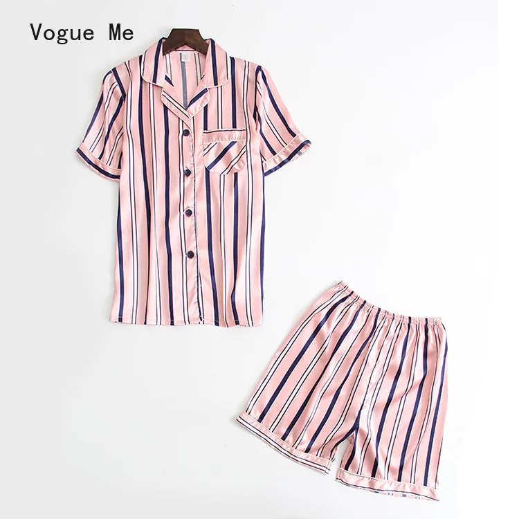 

Pajamas Women's Summer Suit Short Sleeve Shorts Two-piece Thin Ice Silk Striped Sexy Home Clothes Silk Pajamas Bath Clothes