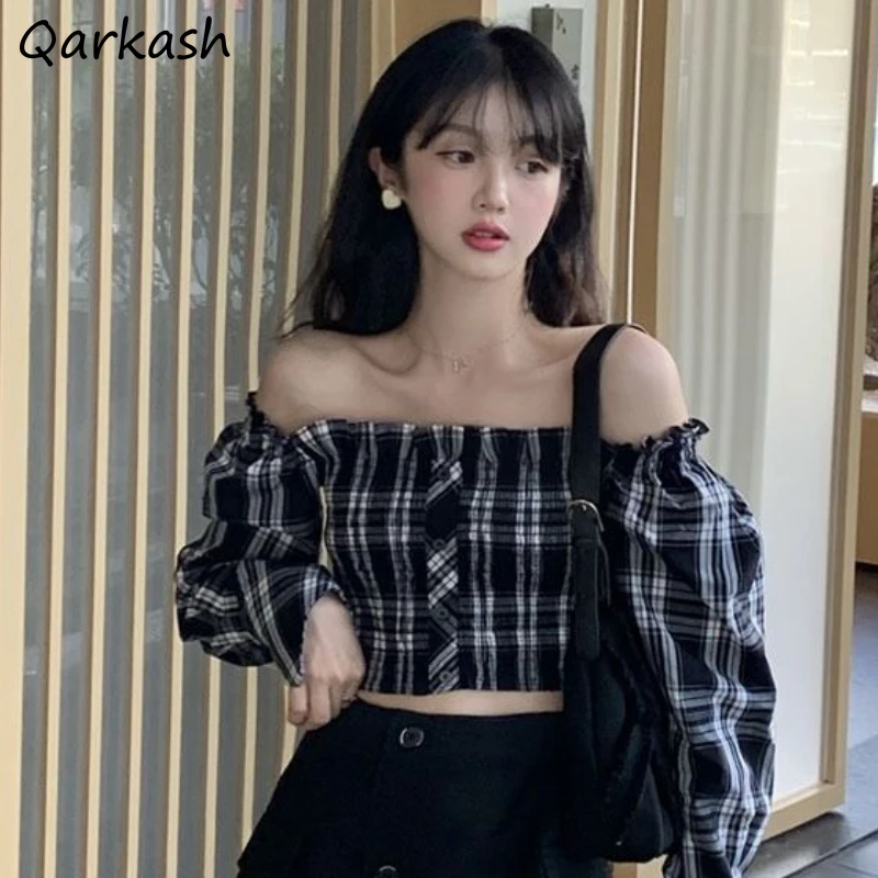 

Blouses Women Plaid Slash-neck Cropped Sexy Classic Stylish Vintage Design Tops Basic Teens Streetwear Party Popular Ulzzang New