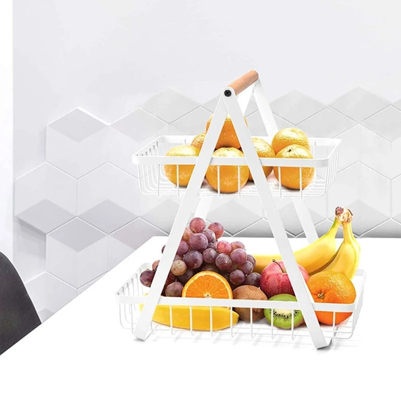 

C7AC 2-Tier Metal Fruit Basket Portable Kitchen Storage Countertop Shelf Rack for Fruits Vegetables Household Cosmetic