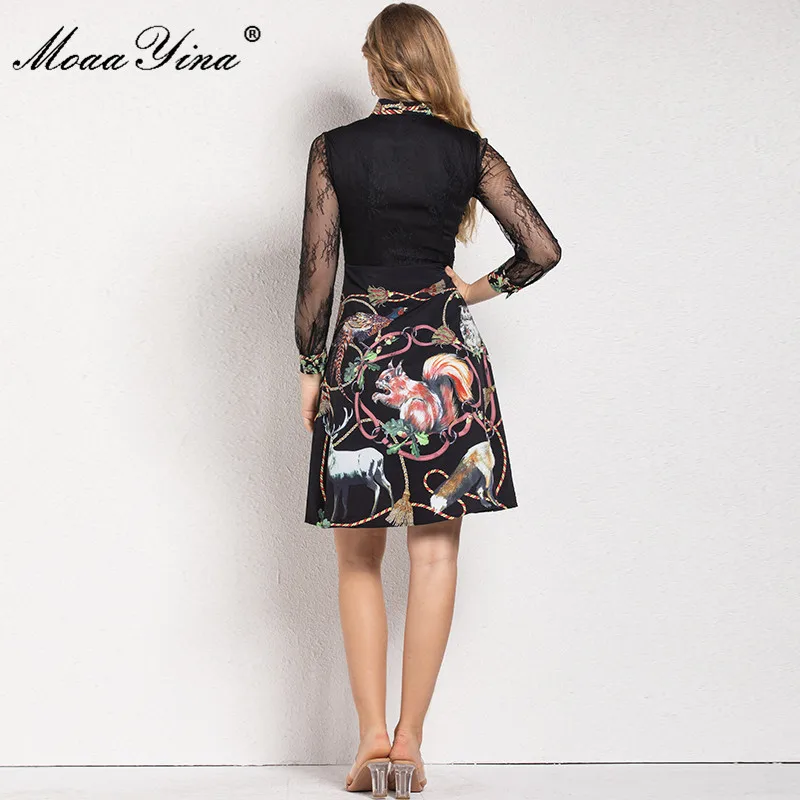 

MoaaYina New 2021 Fashion Runway Summer Dress Women Black Elegant Long sleeve Mesh Patchwork Animal print Vintage Mini Dress