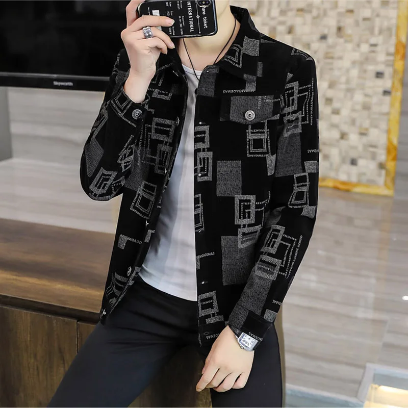 

Corduroy Print Jacket for Men 2021 Autumn Business Casual Jacket Lapel Slim Fit Street Social Coat Fashion Office Mens Clothing