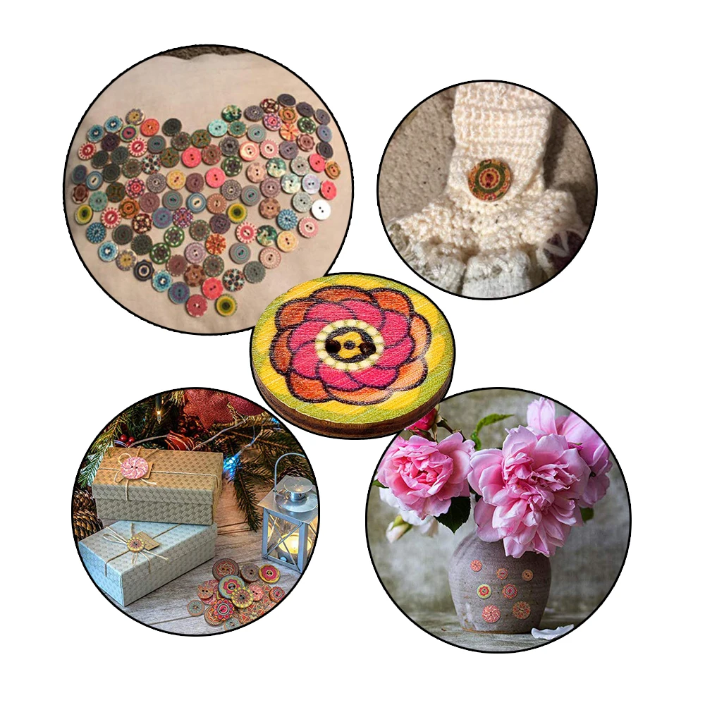 Смешанные декоративные винтажные деревянные пуговицы с двумя отверстиями для