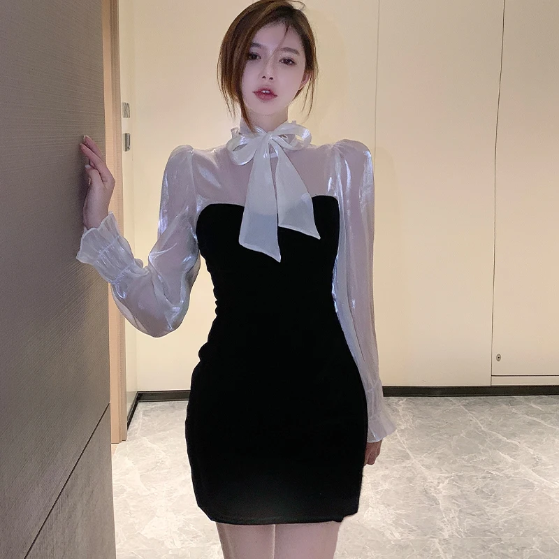 

Roupas Femininas, черные элегантные платья с бантом для женщин, перспективное мини-платье в Корейском стиле, осенняя модная женская одежда, новинка