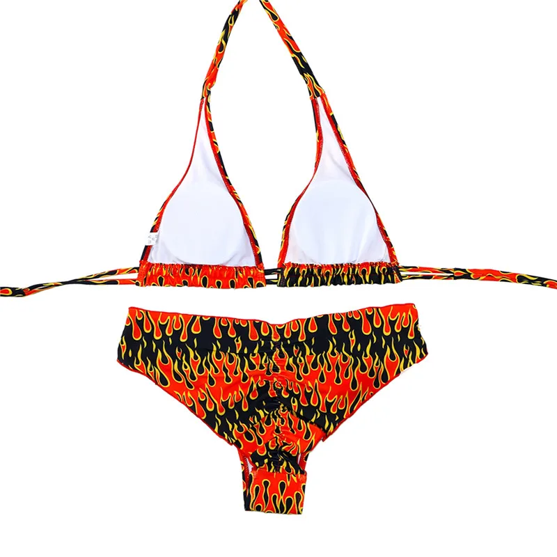 Женские пикантные пламени печатных комплект с бикини на бретелях завязками