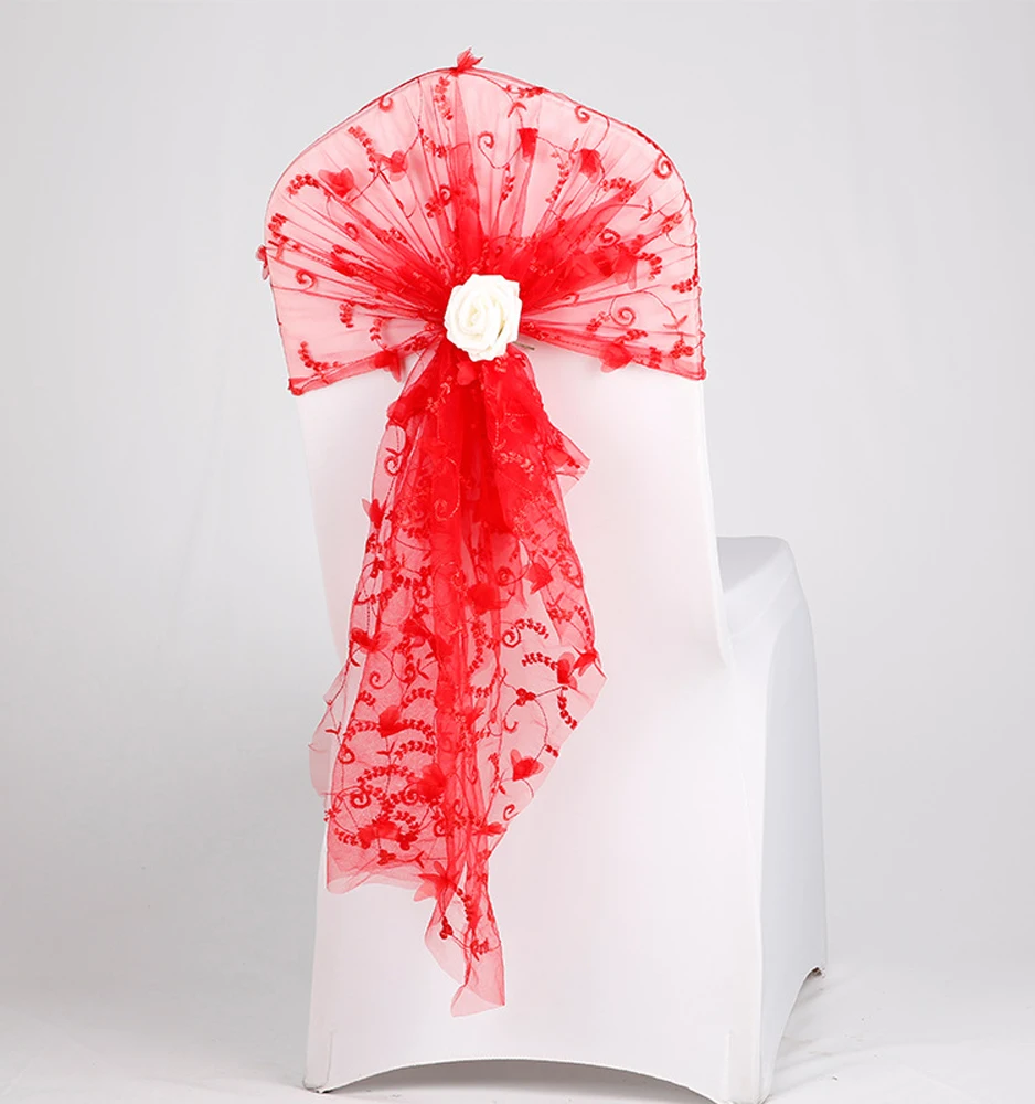

2 Pcs Embroidery Gauze Chair Sash with Rose Ball Artifical Flower for Wedding Decoration Banquet Babyshower Party Event Supplies