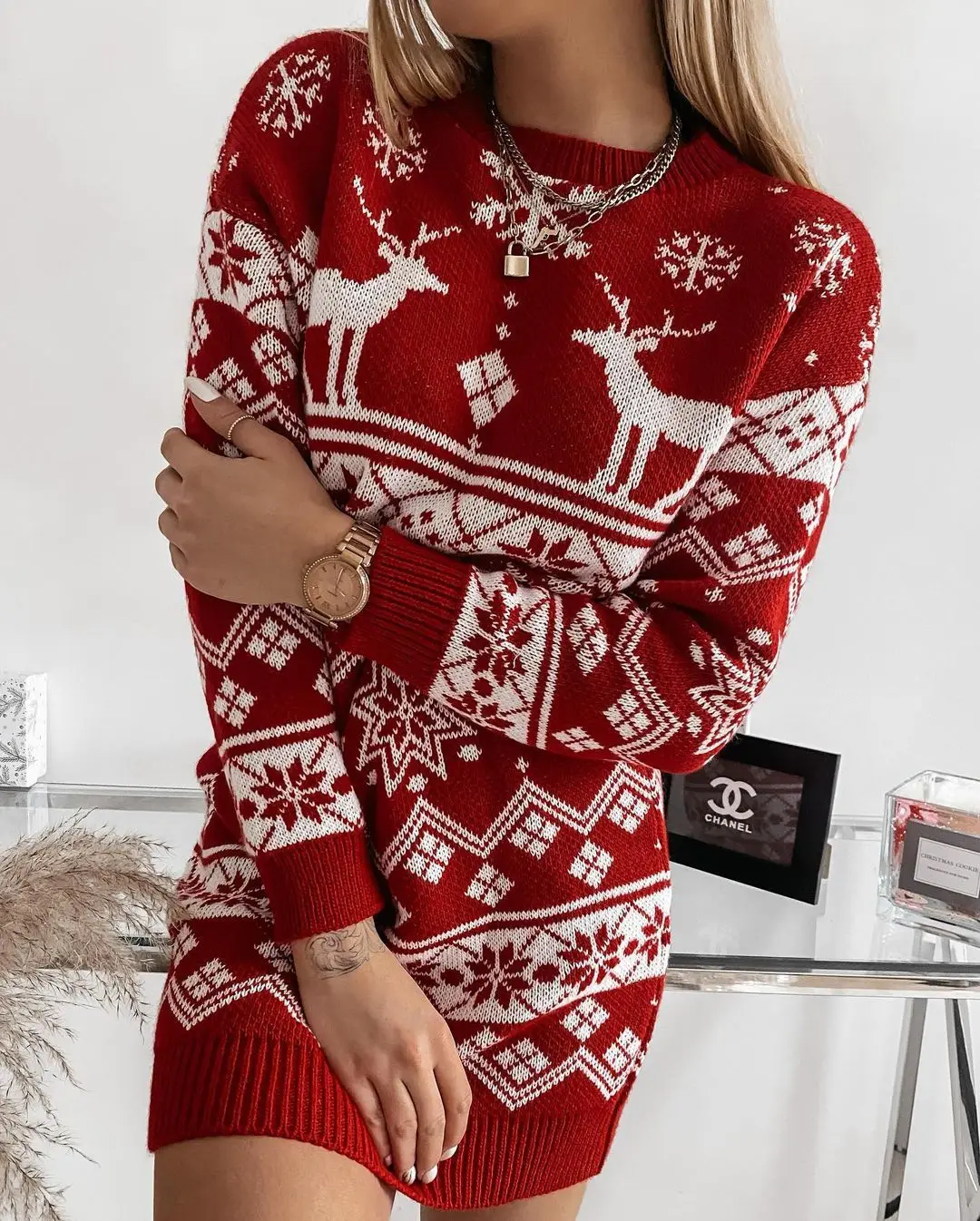 

Christmas Ladies Knitted Dress Autumn Women Temperament Elk Snowflake Round Collar Long Sleeve Sweater Short Skirt