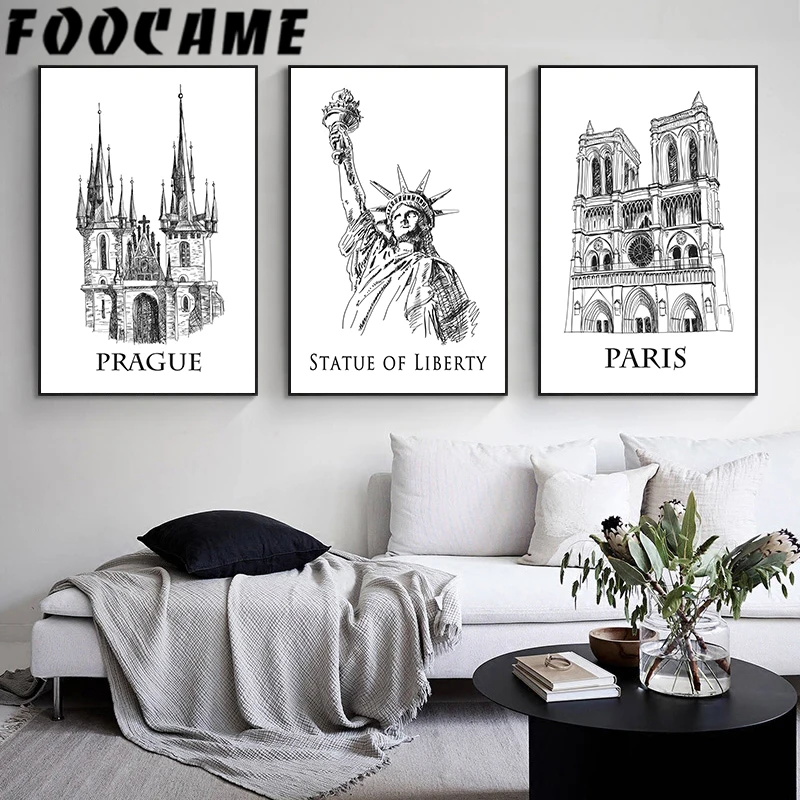 Canvas Painting Black White Statue of Liberty Eiffel Tower London Bridge Line Poster Wall Art Print Living Room Pictures Decor | Дом и сад