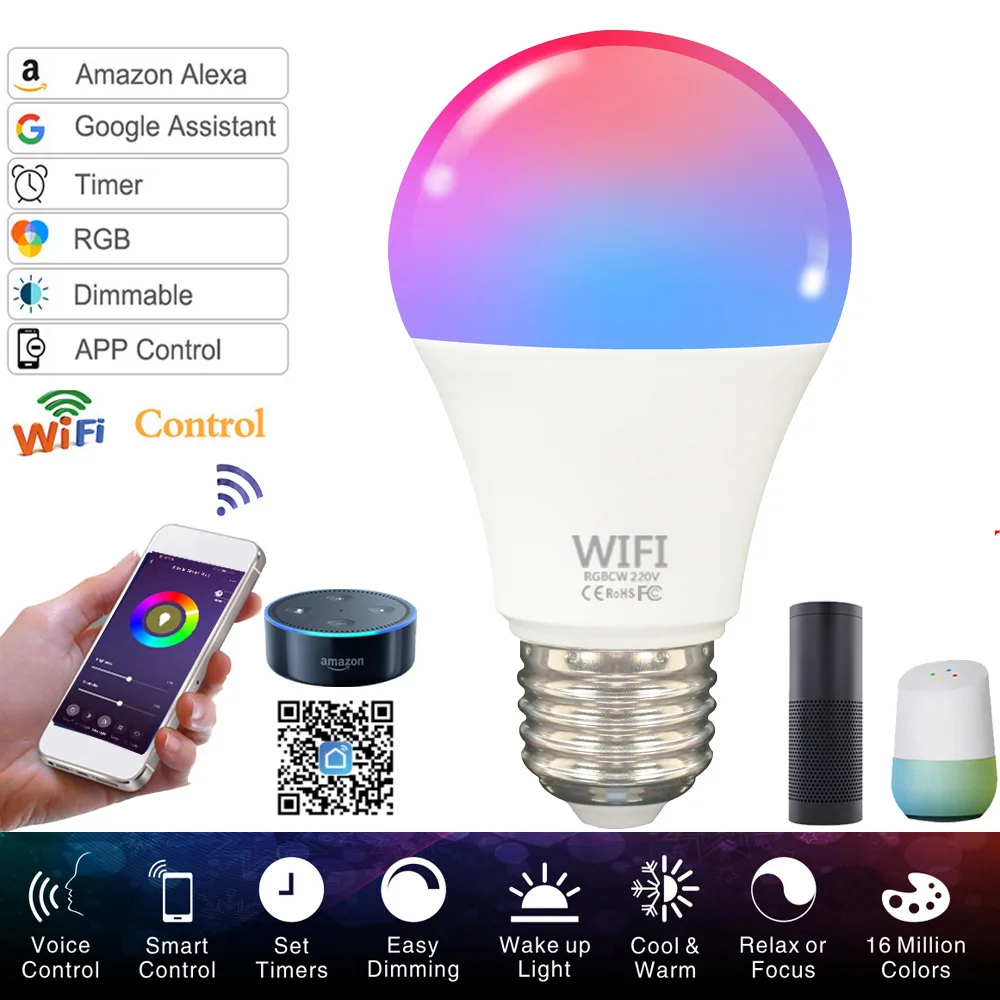 

Wifi Tuya Smart LED Bulb 10W E27 RGB+CW+WW Color Changing Light Dimmable LED Lamp Work with Alexa Google Home Siri Voice Control