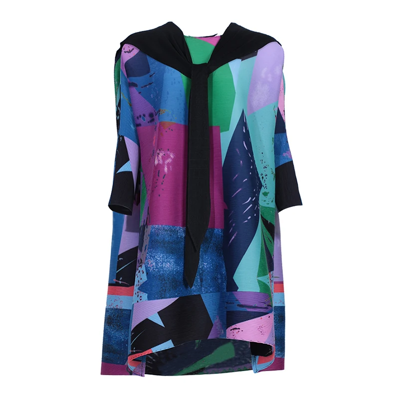 

VGH Loose Print Geometric Dress For Women O Neck Long Sleeve Hit Color Casual Dresses Female Fashion New Clothing 2021 Spring