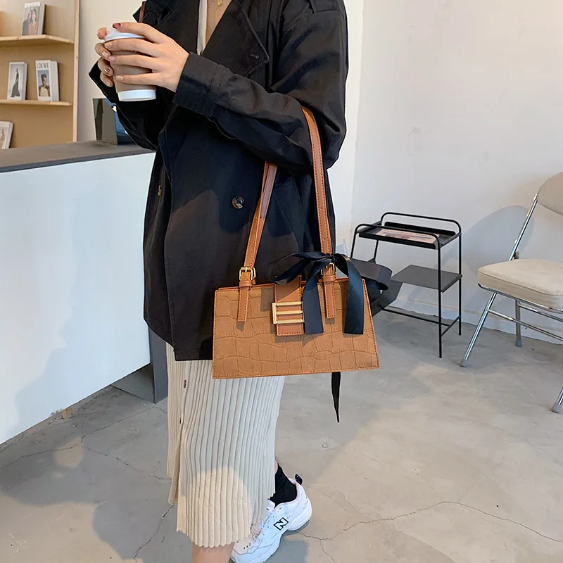 

Fashion Ribbons Decoration Handbags For Women 2020 Retro Stone Pattern Leather Shoulder Bag Luxury Ladies Small Square Tote Bags