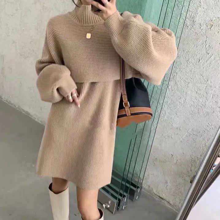 

Spring Autumn 2021 New Korean Style Sexy Women's Mid-Length Lazy Knitted Sweater 2 Piece Set Long Sleeve Vest Dress