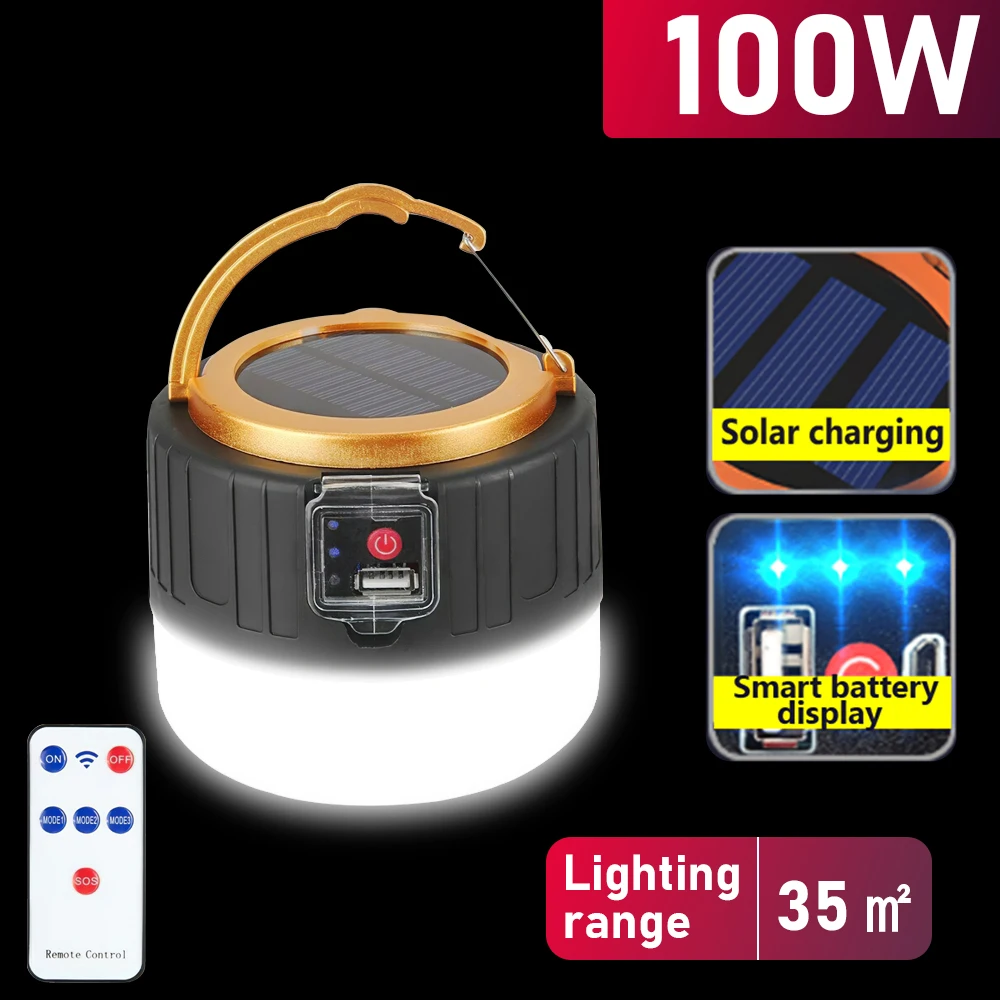 

100W Наружное освещение на солнечной Фонари Портативный светодиодный походный светильник с пультом дистанционного управления Управление Пе...