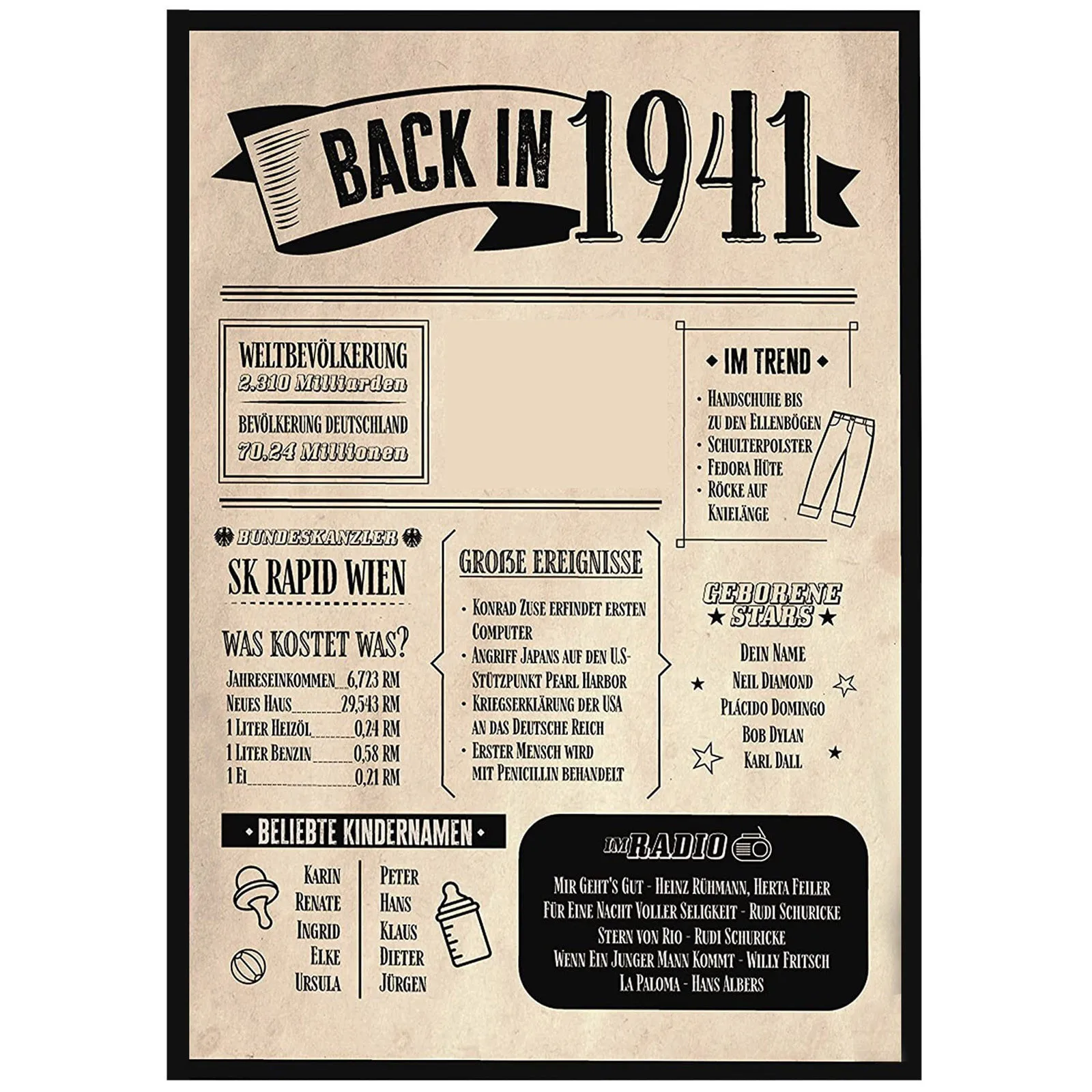 Деревянный постер с изображением старой газеты подарок на день рождения 80 го