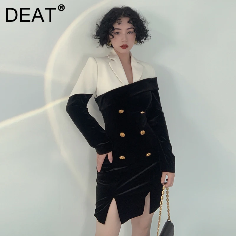 

DEAT 2021 Autumn And Winter Temperament Suit Collar New Irregular Forked Patchwork Double Breasted Women's Dress 7I3608