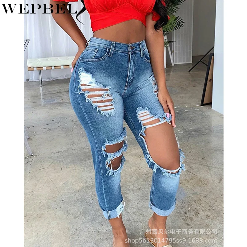 

WEPBEL Women's Sexy Hole Ripped Skinny Denim Pants Ladies Vintage Fashion High Waist Distressed Jeans Slim Fit Trousers