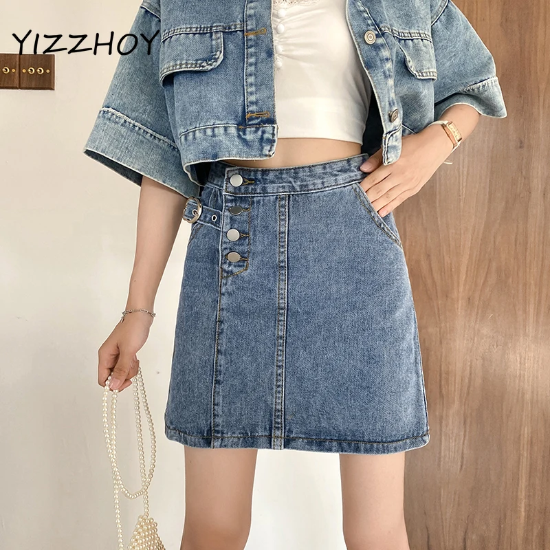 

YIZZHOY New Summer Women Blue High Waist Denim Skirts Casual A-line Single Breasted Streetwear Retro Lady Jeans Skirt