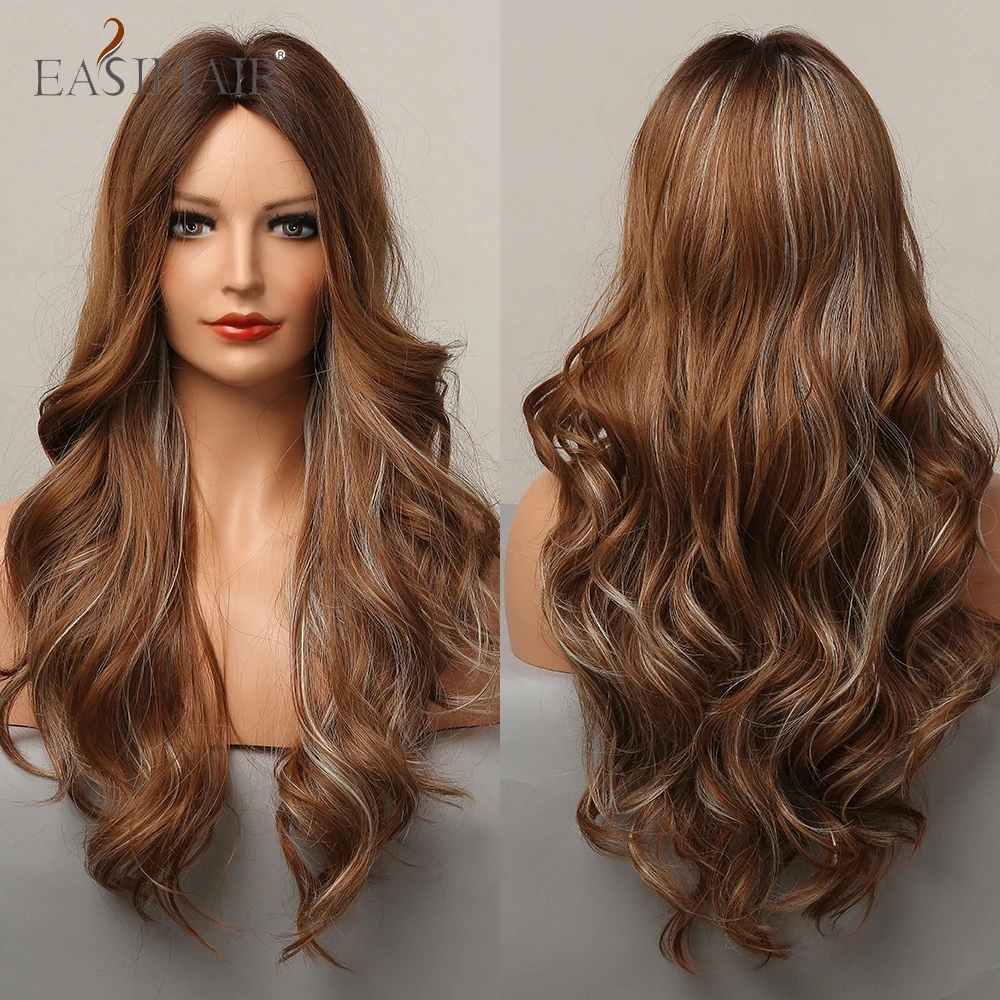 

EASIHAIR Ombre Brown Synthetic Long Natural Wave Wigs with Blonde Highlight Middle Part Heat Resistant Hair Wigs for Black Women