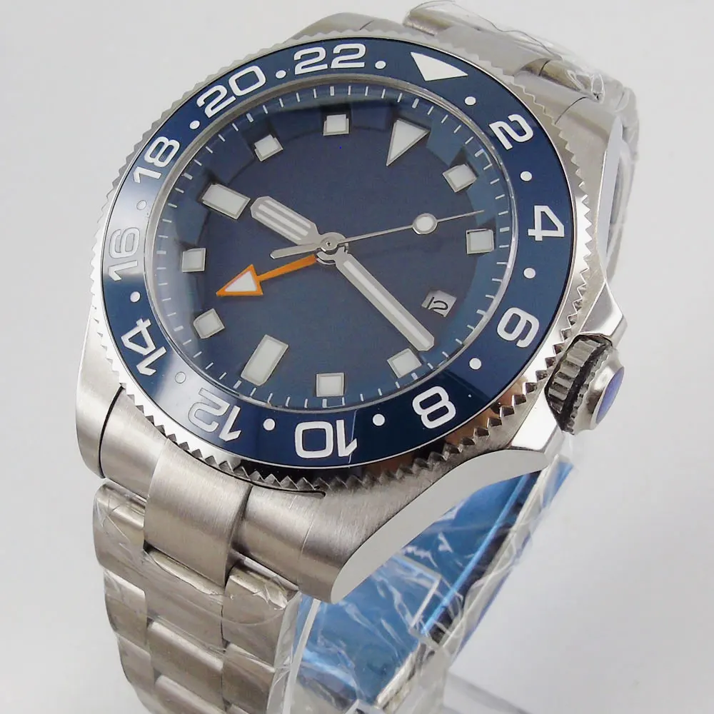 

43mm BLIGER Blue dial Sapphire glass Luxury Luminous date GMT ceramic bezel automatic men's watch