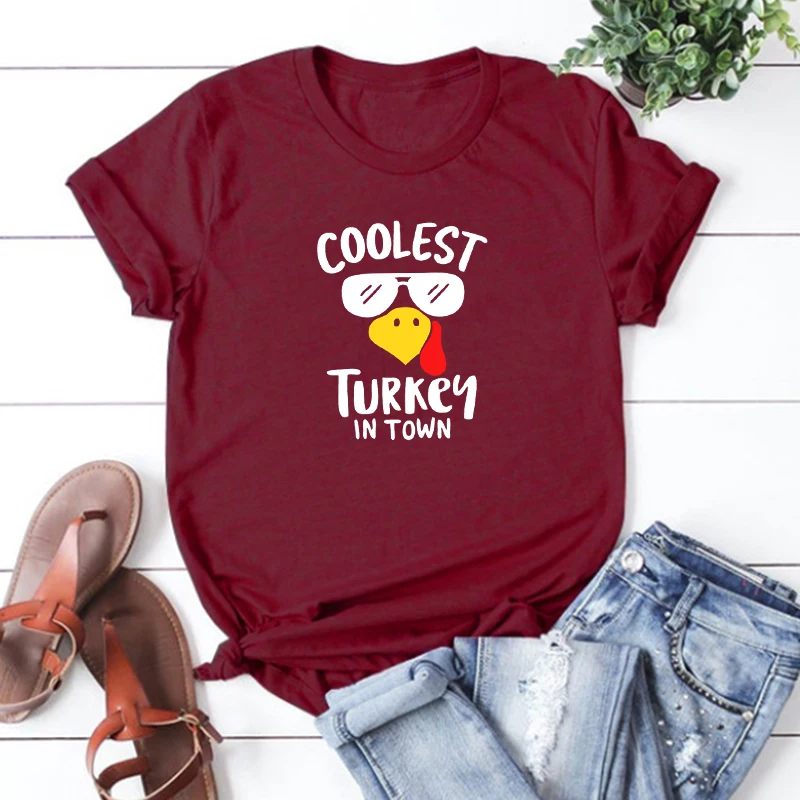 

Coolest Turkey In Town Shirt Thanksgiving Funny Thanksgiving Tshirt Thankful Hello Pumpkin Graphic Tees 100% Cotton XL