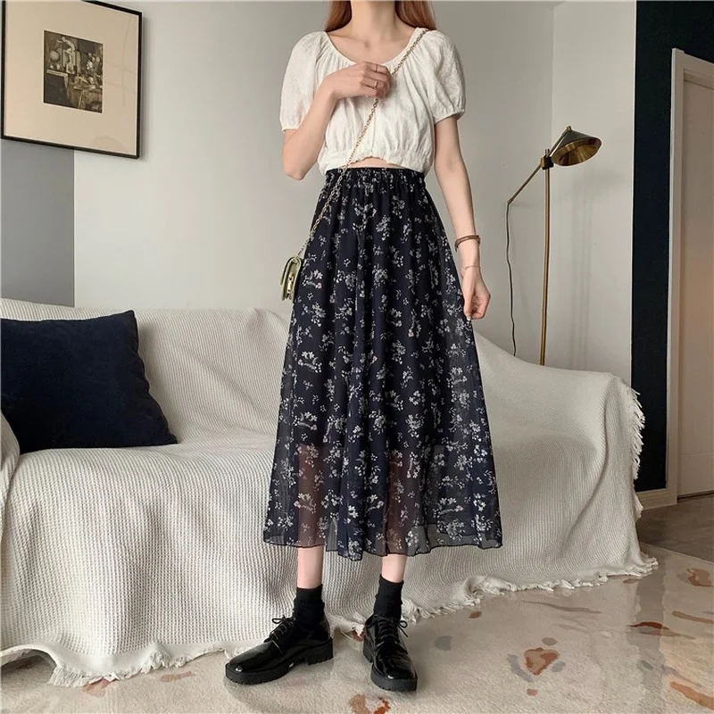 

Summer Chiffon Skirt Korean Style High Waist Retro Floral Print Black Ladies Skirt Fashion Elegant A-Line Long Skirts for Women