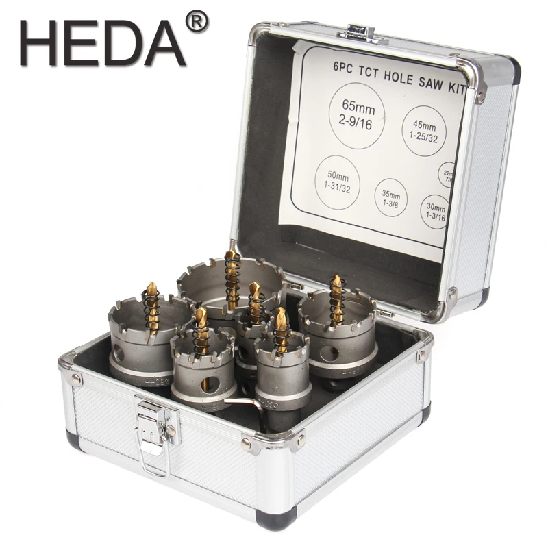 22/30/35/45/50/65mm 6Pcs Cutter Tool Sets TCT Hole Saw Kits Tungsten Carbide Tipped Metal Drill Bits For Thick Stainless Steel