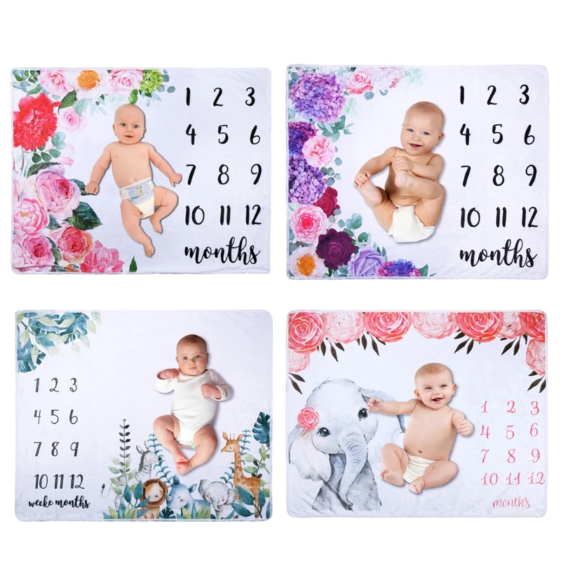 

Flannel Milestone Blanket Baby Photography Cute Elephant Flower Plant Background Cloth Newborn Monthly Photo Blanket Mat C5AF