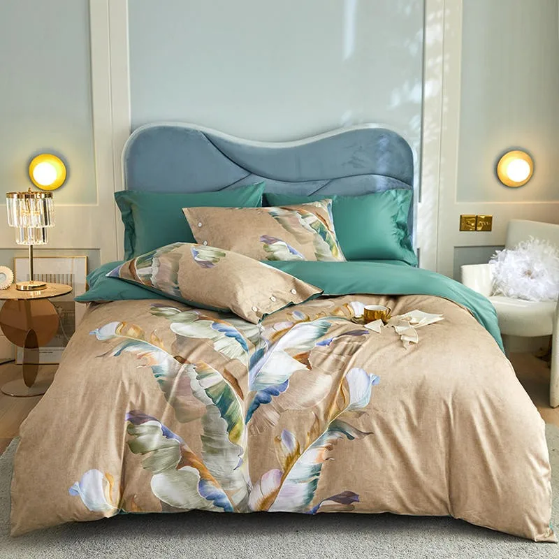 

Шикарное одеяло с растительным цветочным принтом, 100% Египетский хлопок, мягкий пододеяльник королевского размера с пуговицами