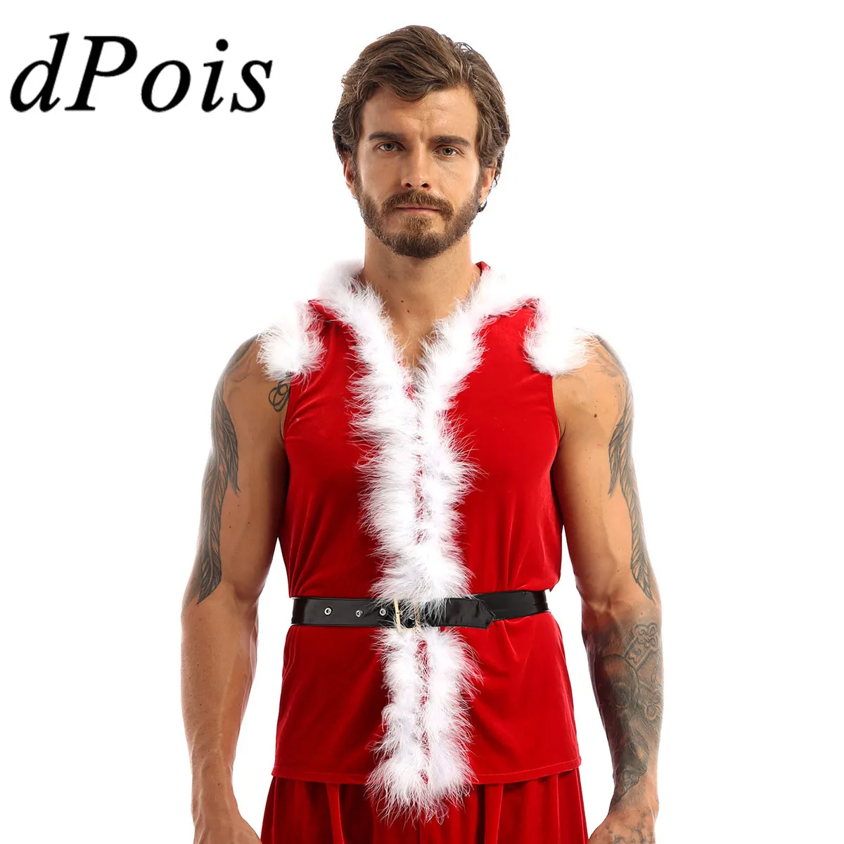 

Men Christmas Santa Cosplay Costume Velvet Sleeveless Faux Fur Trimming Hooded Coat with Leather Waistband Xmas New Year Clothes