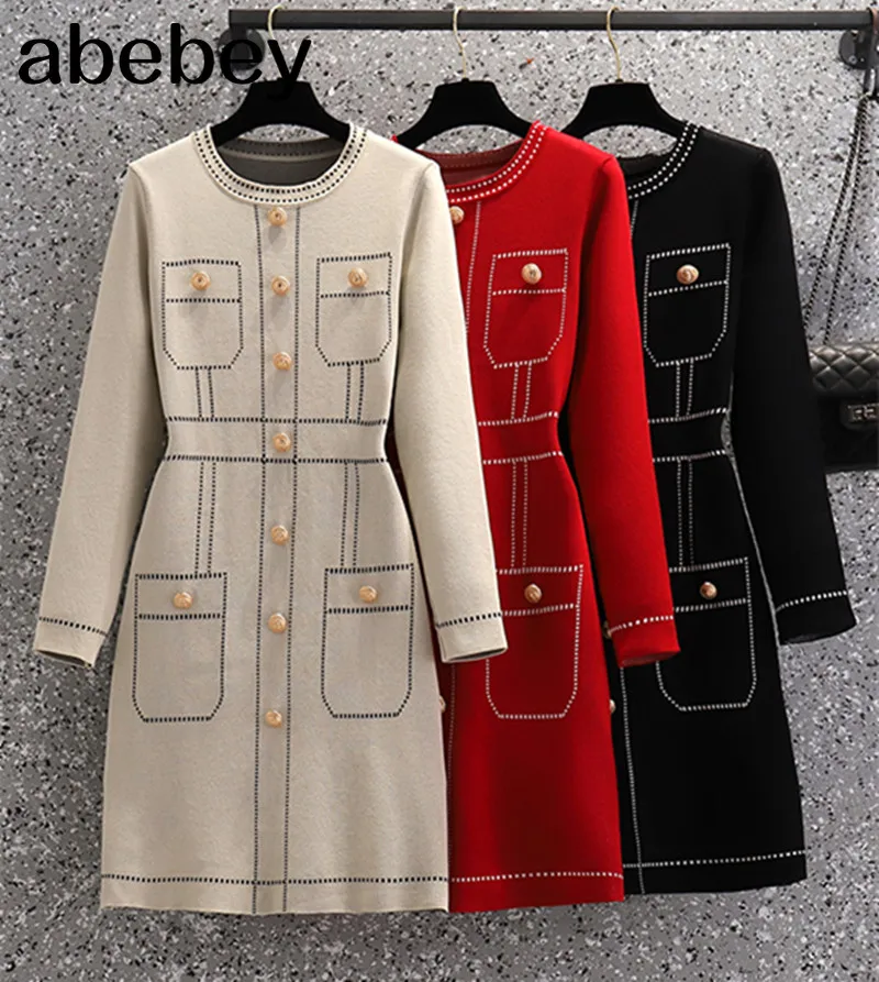

Ladies Casual Knitted Dress Female 2021 New Autumn Fashion O-neck Gold Button Deco Long Sleeve Striped Sweater Dress Vestidos
