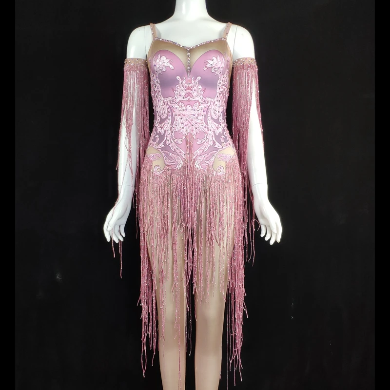 

Sparkly Rhinestone Fringes Dress Women Sexy Nightclub Outfit Stage Bodysuit Show Performance Dance Costume Tassel Leotard