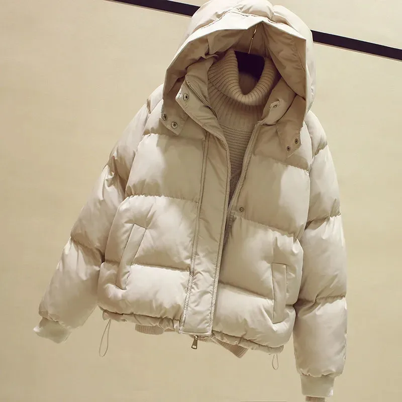 

Winter Thick Coat Woman Parker New Hooded Loose Long-sleeved Zipper Pocket Cotton Clothes Warm Simple Commuter Jacket Female 321