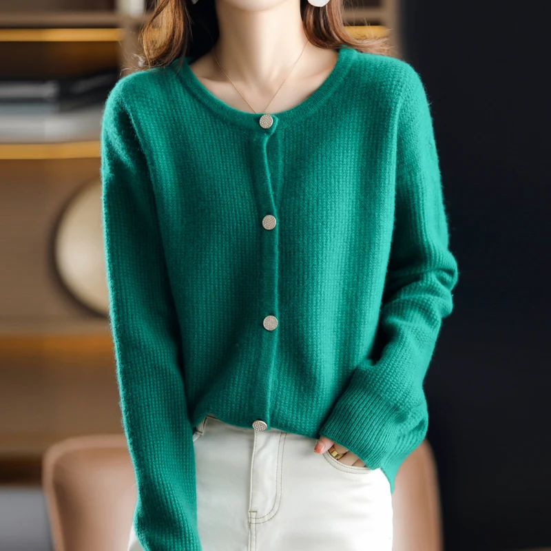 Women's Sweater Coat Round Neck Pure Wool Cardigan 2022 Spring, Autumn And Winter New Style Korean Fashion Long-Sleeved  Sweater