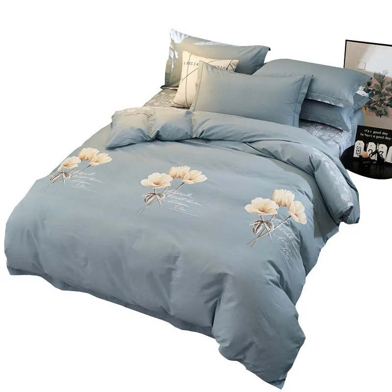 

2021 New Arrival Pastoral Style Plant Pattern Print Decoration For Home King Size Cotton Bedsheet Elegant 4pcs Bedding Set