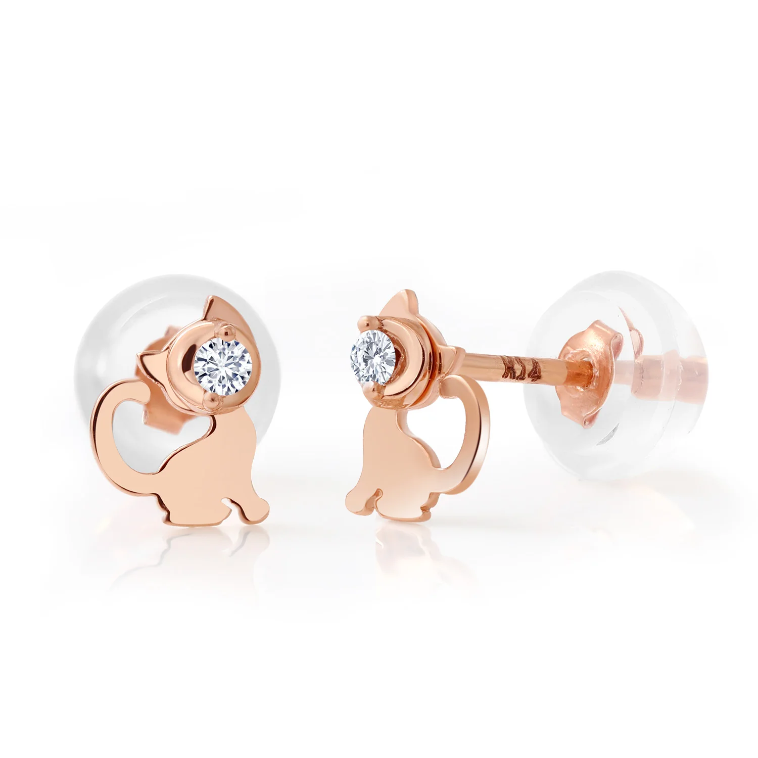 Женские серьги гвоздики в форме кота из розового золота 14 к с белыми бриллиантами