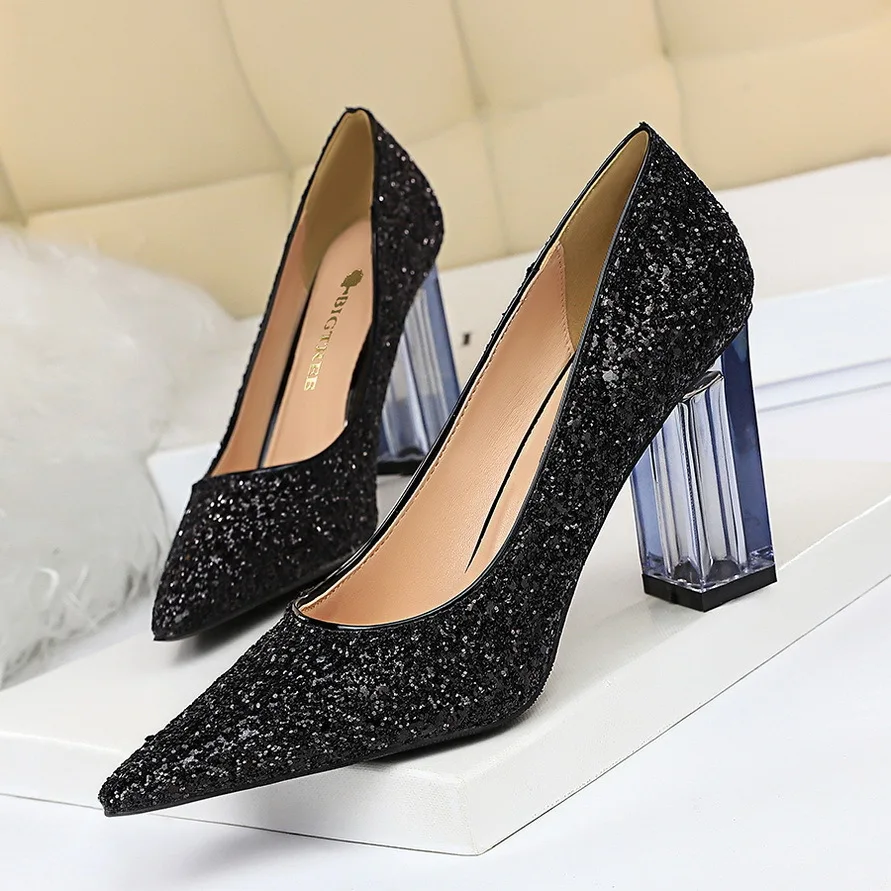 European and American fashion transparent crystal thick high-heeled shallow mouth pointy sexy nightclub sparkling sequined shoes