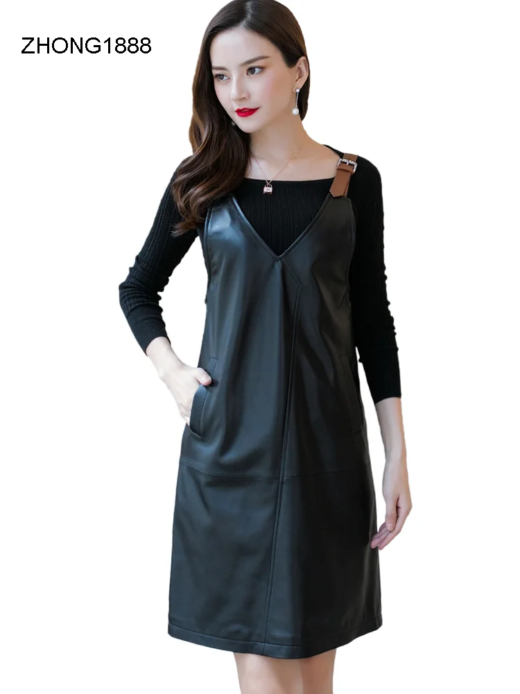 

Leather dress women's loose Genuine Korean style sleeveless leather skirt mid-length sheepskin vest skirt new autumn and