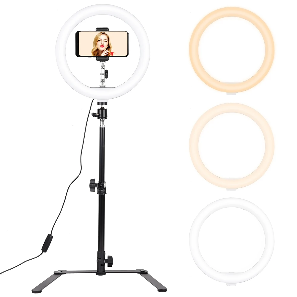 

Dimmable 26cm Ring Light 3 Color Warm Cold Lamp LED Selfie With Arm Desktop Tablet Holder Video Live Photography Selfie Light