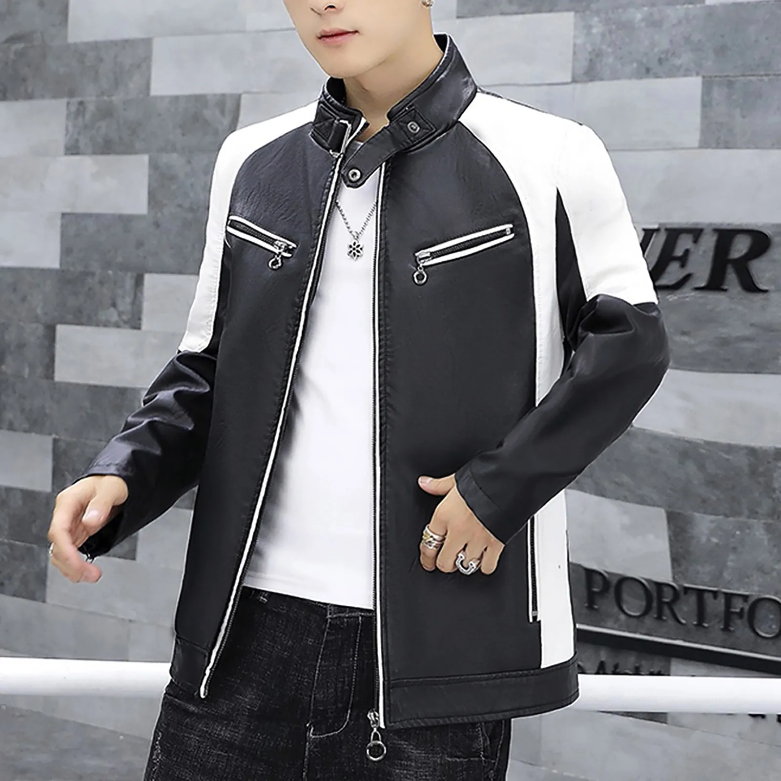 Куртка мужская кожаная на молнии модная повседневная верхняя одежда из