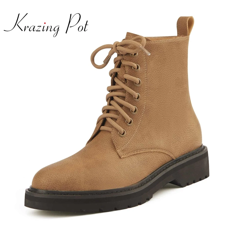 

krazing pot cow split leather round toe med heel cross-tied retro fashion Rome style young lady daily wear cozy ankle boots L31