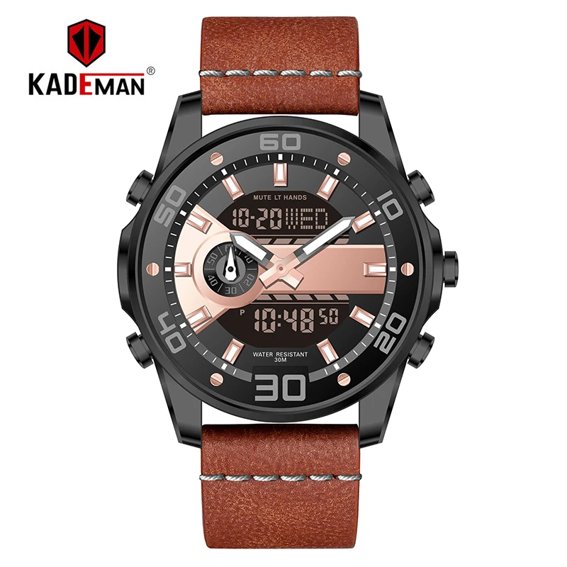 6156G-B-GR-O KADEMAN, Роскошные мужские часы, Tech, светодиодный, цифровые, спортивные часы, 3 АТМ, водонепроницаемые, Топ бренд, модные кожаные Наручные часы, Relogio Masculino - Цвет: 6156G-B-GR-O